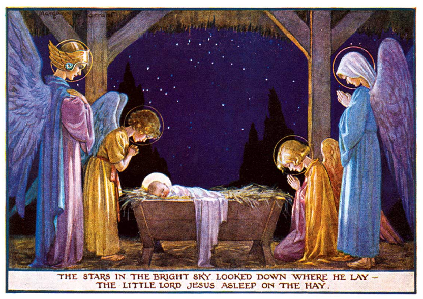 Angels and the Holy Family at the Manger - Christmas Greeting Card