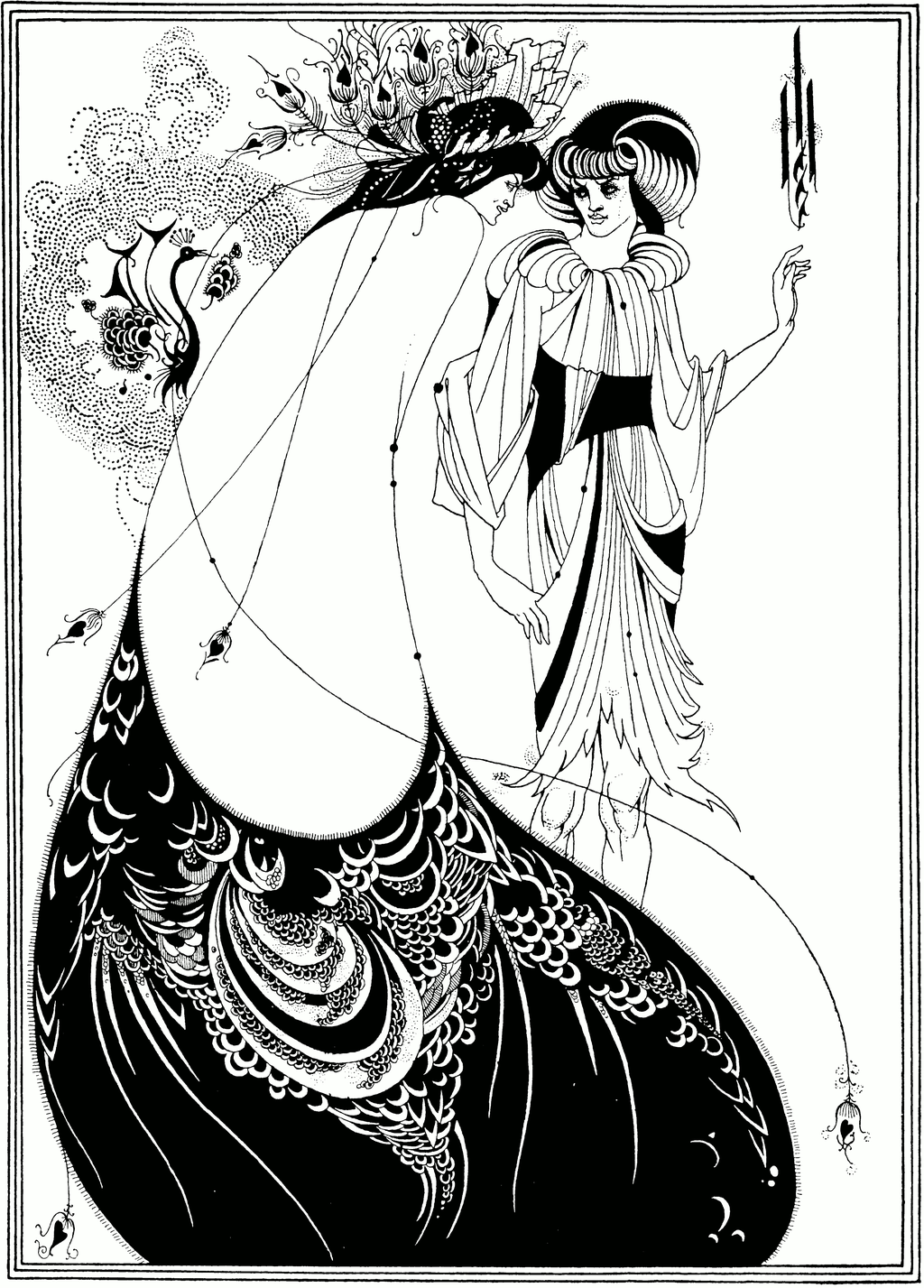 The Peacock Skirt (1893) pen and ink drawing by Aubrey Beardsley of a scene in Oscar Wilde's play Salomé in 1894.