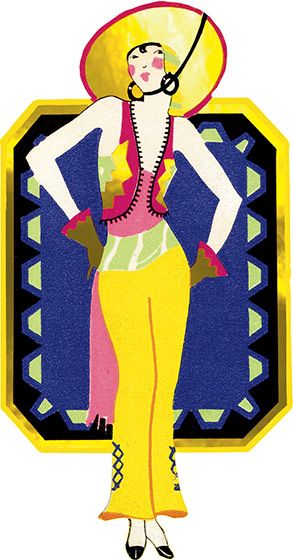 A fabulously illustrated Art Deco lady in beach fashion that's primarily yellow with a chic yellow hat.