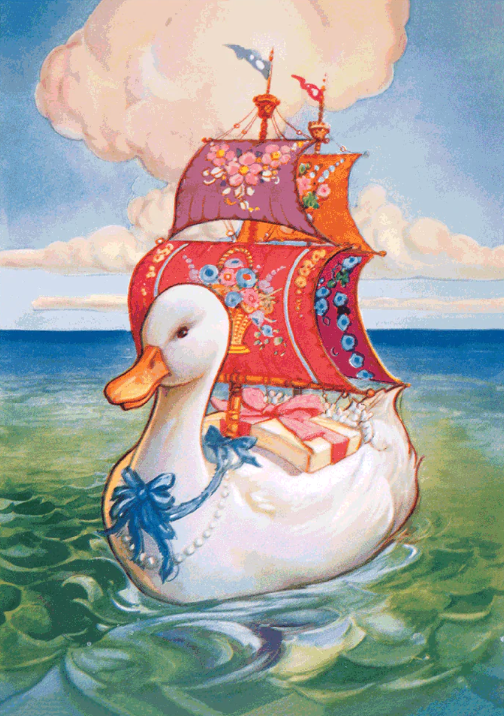 A whimsical illustration of a goose-shaped ship full of presents sailing on the water