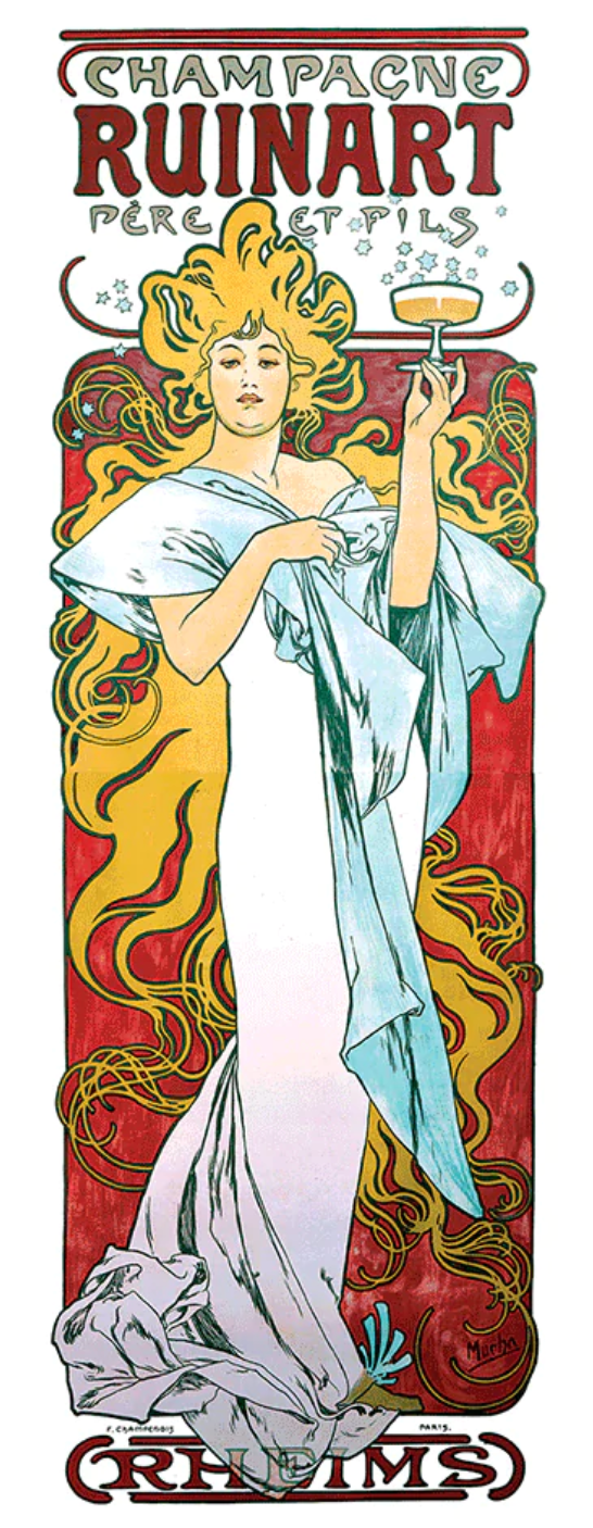 An Art Nouveau ad by Mucha for Champagne Ruinart; a Mucha woman holds a glass of champagne