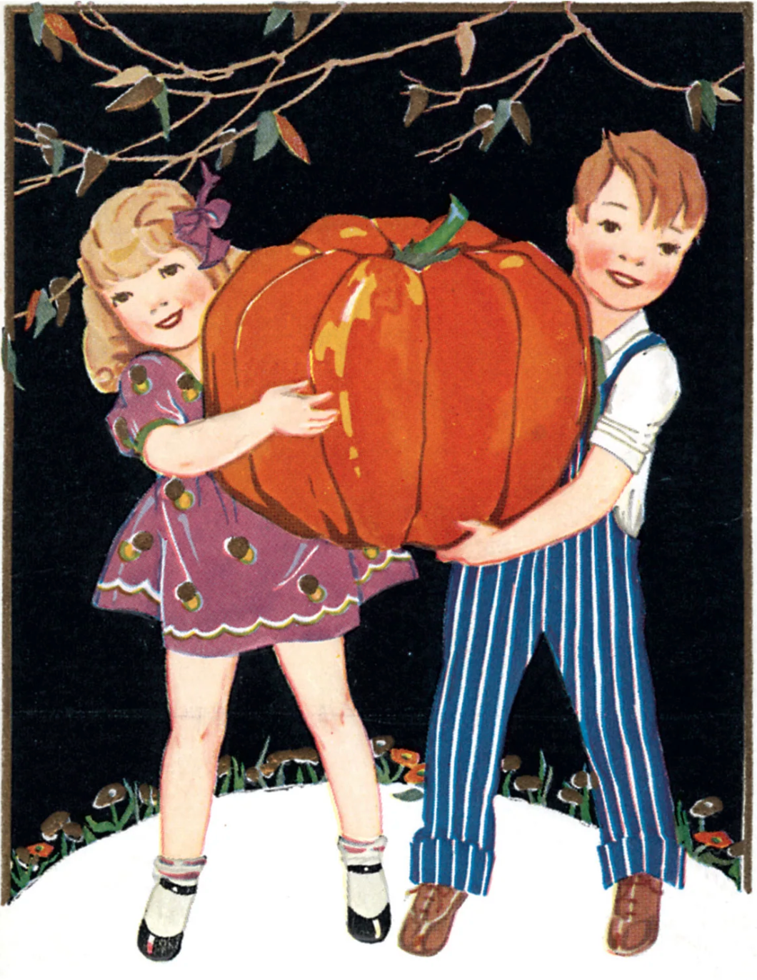 Children & Giant Pumpkin - Halloween Art Print