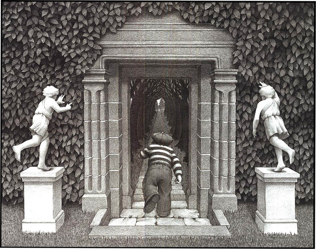 A black and white drawing of a person entering an ominous hedge maze. 