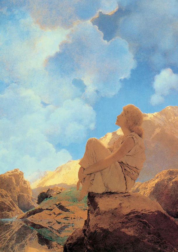 Morning by Maxfield Parrish, painting of a young woman on a rock looking up contemplatively to the sky