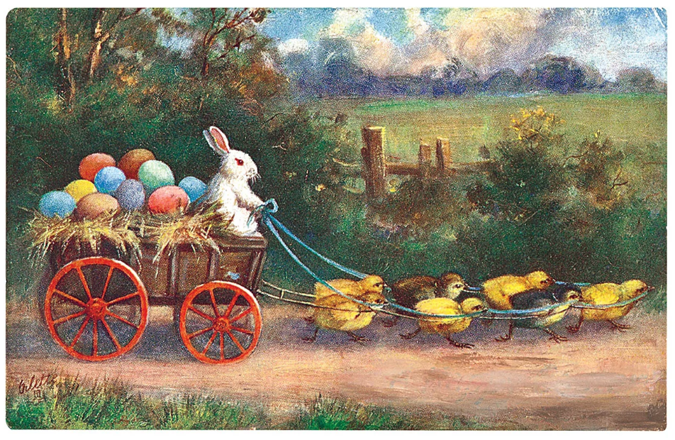 Easter Rabbit Driving Wagon Filled With Eggs - Easter Greeting Card