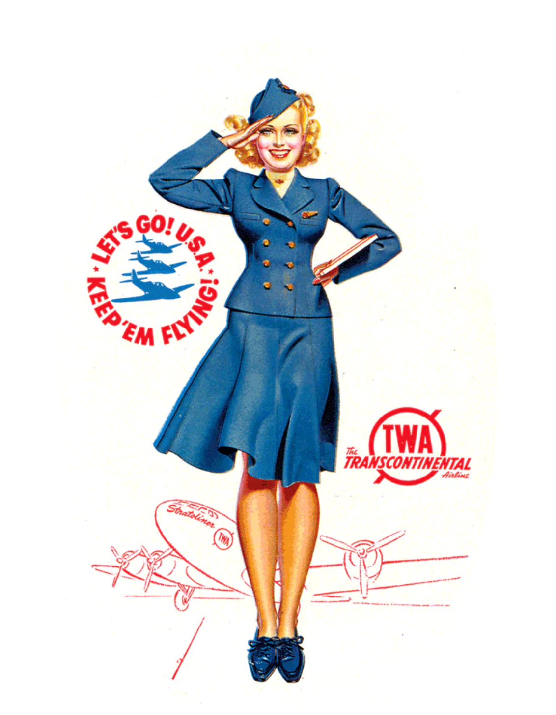 A saluting and smiling WWII-era TWA flight attendant with the outlined drawing of a plane behind her. 