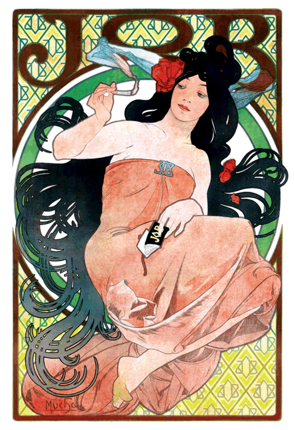 An Art Nouveau beauty with flowing hair and sensual design elements, smokes a cigarette rolled with JOB papers