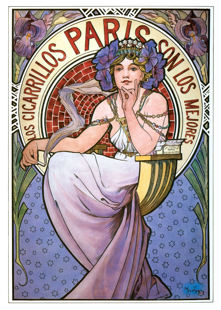 Los Cigarrillos Paris ad by Alphonse Mucha featuring a smoking Art Nouveau woman