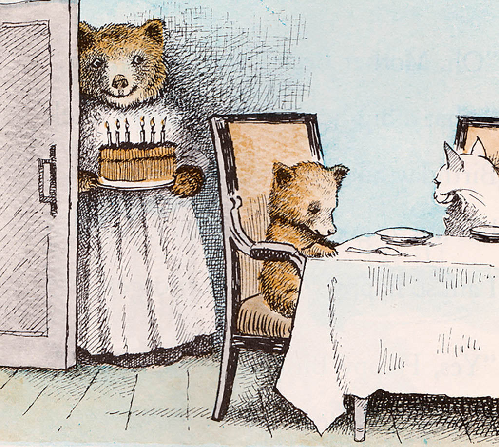 A sweet birthday scene where Little Bear is sitting at a table with a friend while his mother comes in with a birthday cake. 