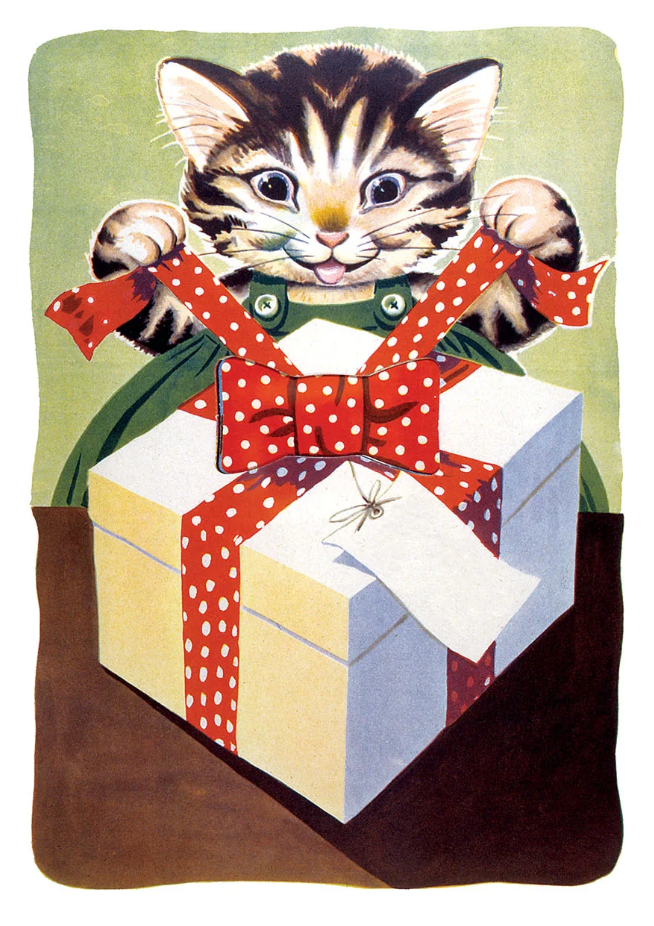 A cute cat opening a present