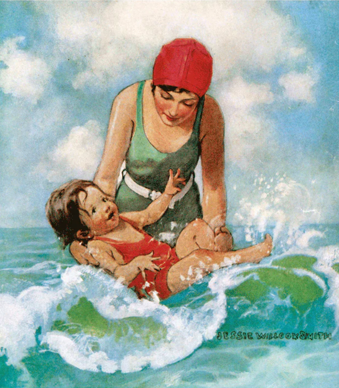A sweet illustration of a mother and her child splashing in the waves