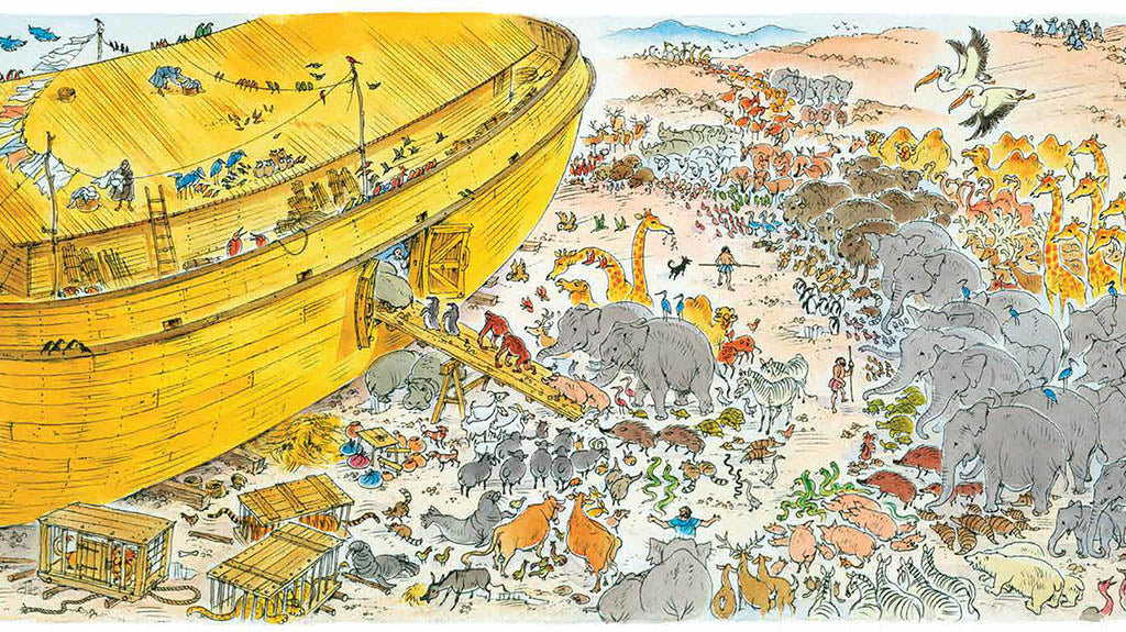 An incredibly detailed scene of many animals getting onto Noah's Arc as drawn by Peter Spier. 