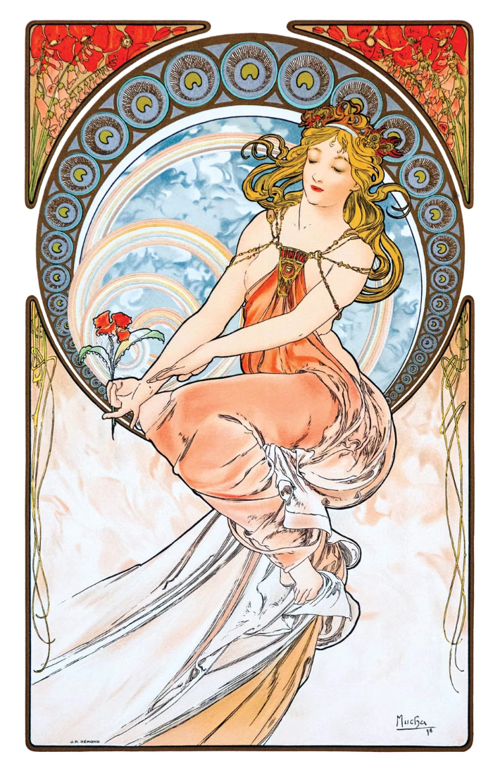 An Art Nouveau woman with a long flowing dress, holding a red flower, in front of a circle with daylight and rainbows 