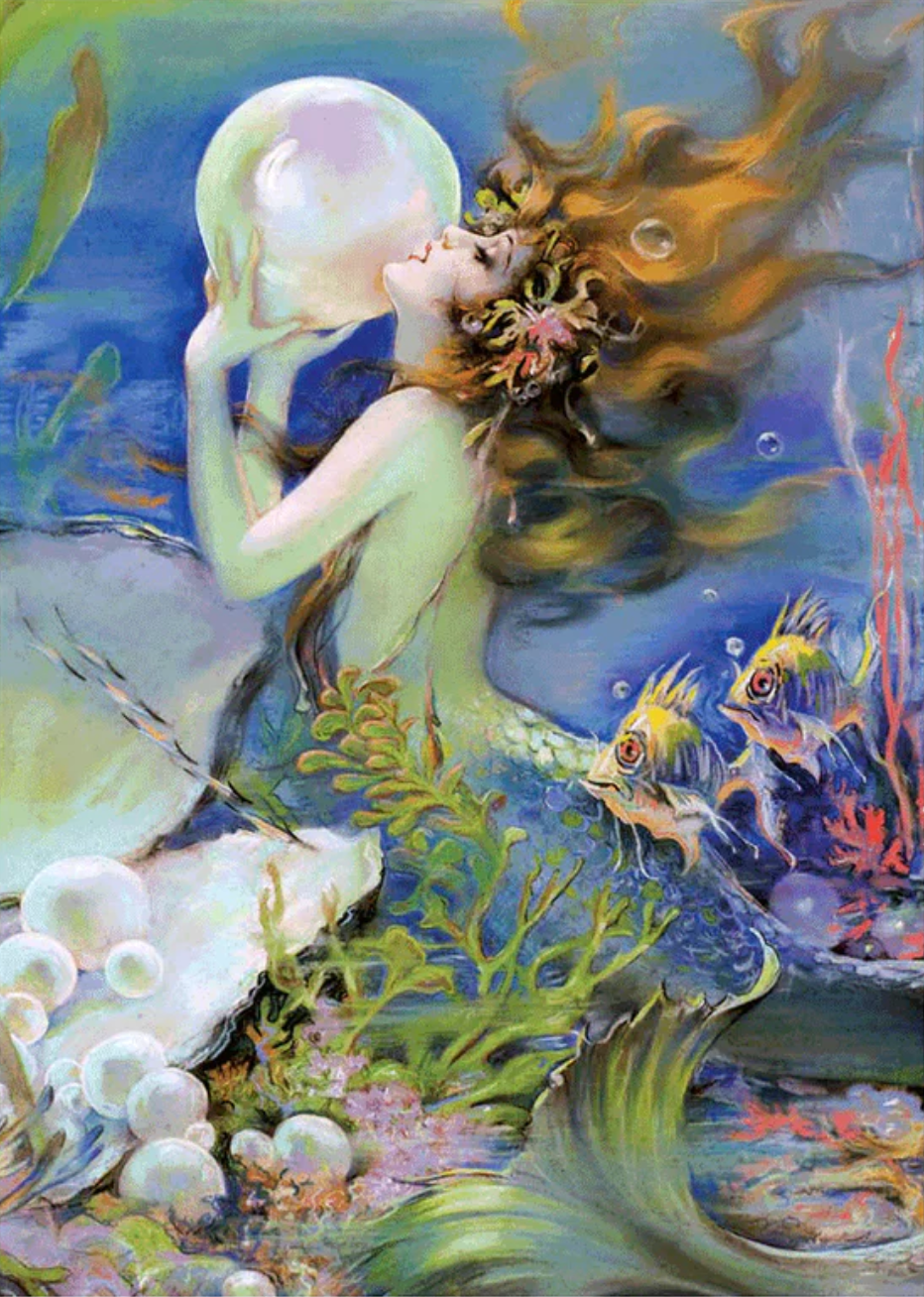 A colorful illustration of a beautiful mermaid underwater with a bubble/pearl