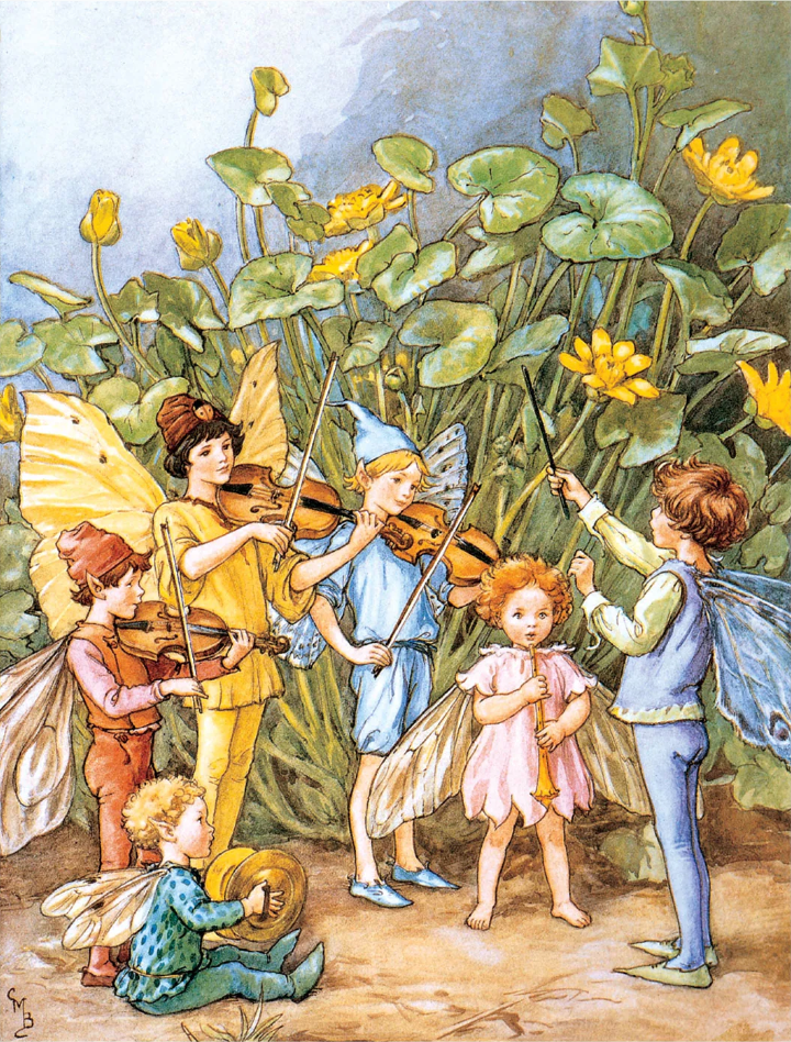 A drawing of a group of fairies playing instruments amidst flowers that are bigger than them.