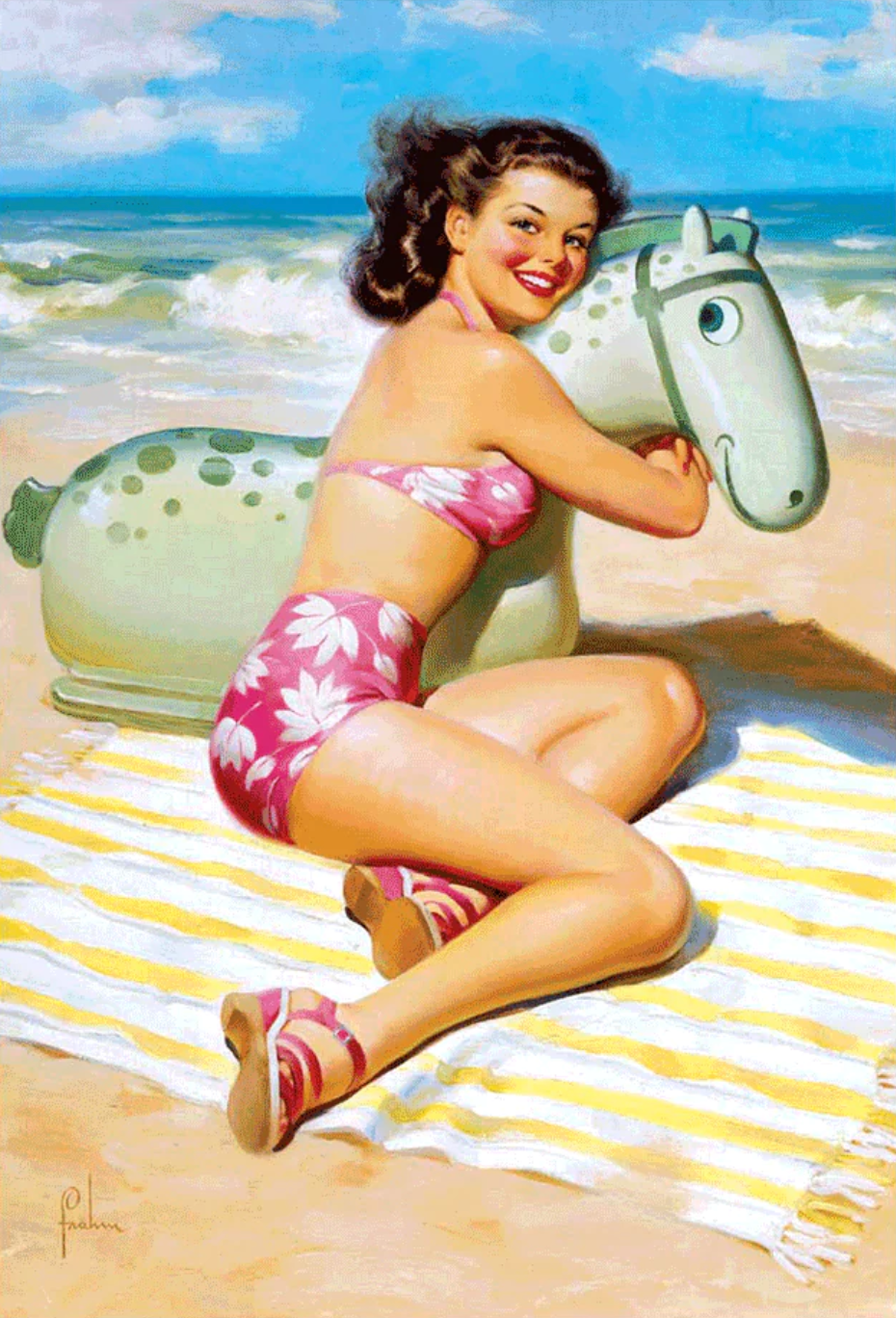 A pin up girl in a swimsuit on the beach hugging a horse-like inflatable beach toy. 