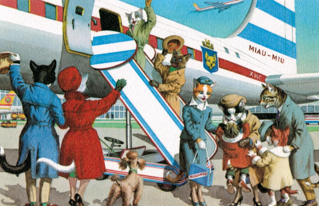 A runway scene beside a departing plane of happy anthropomorphic cats; some about to depart on a trip and some waving goodbye and one flight attendant.