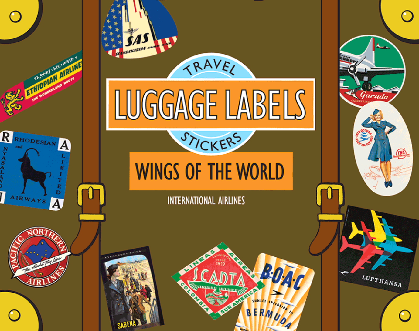 The front of Laughing Elephant's Wings of the World - Travel Label Sticker Box
