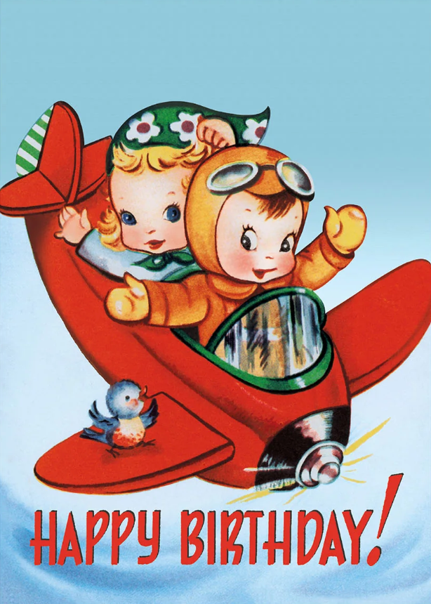 A mid-century illustration of cute boy and girl pilots waving from a red plane; "Happy Birthday" is written below