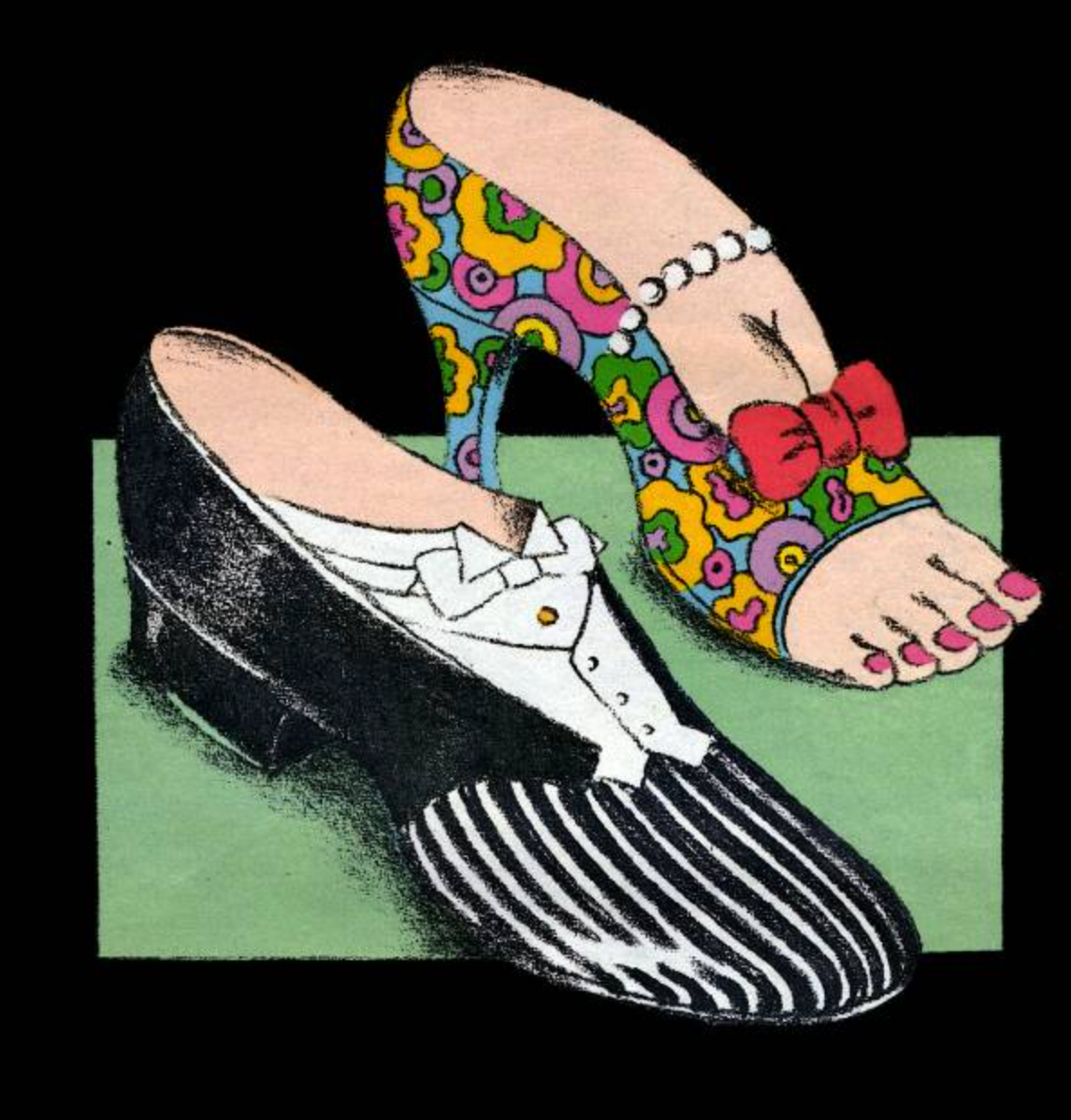 A fantastical design by Seymour Chwast of a male and female shoe wearing formal clothing