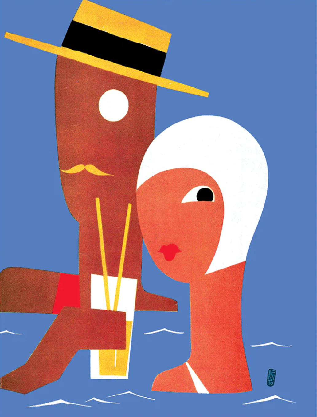 A geometric Art Deco-style illustration of a man and woman couple in the water