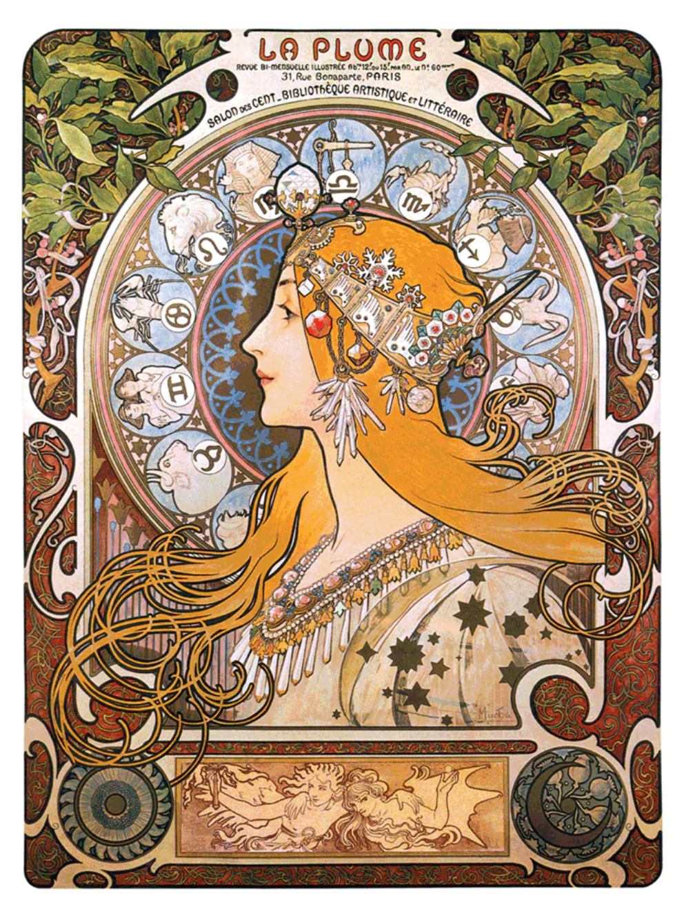 An Art Nouveau-style woman with intricate jewelry has twelve zodiac signs encircling her head in a halo-like disk.