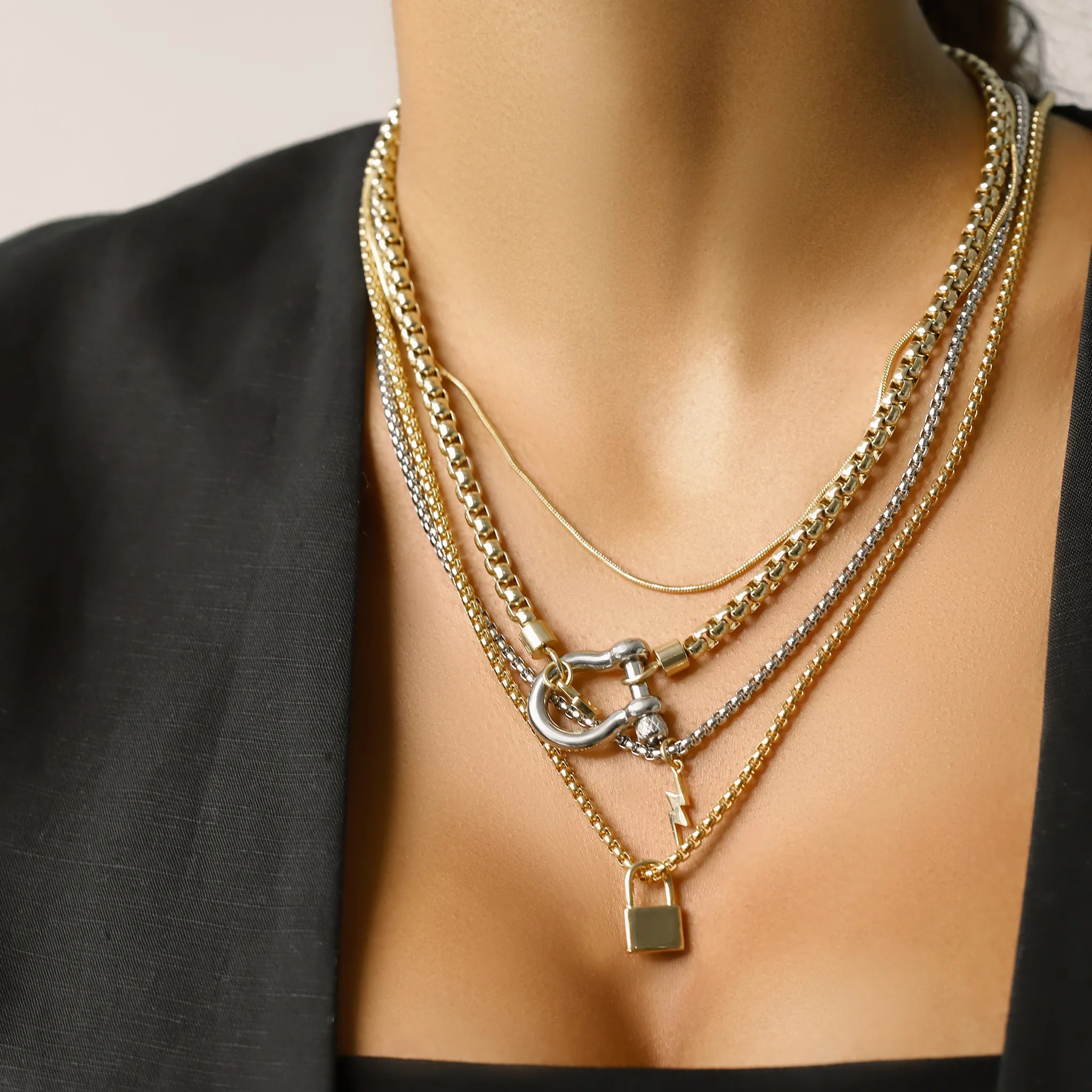 Simple Gold Chain + Lock Layered Necklace