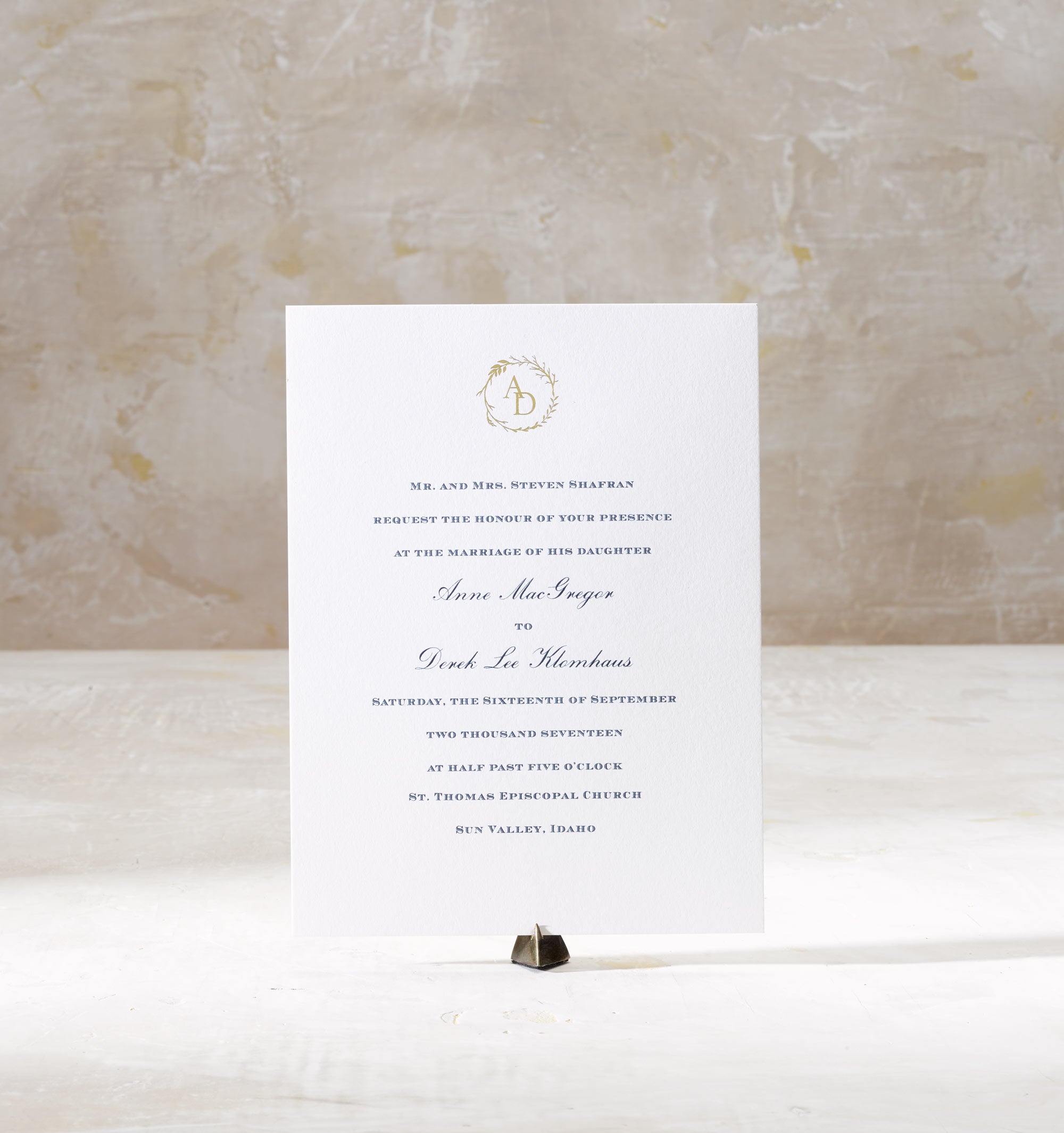 Anne & Derek is an engraved & foil stamped suite in navy and gold, set in Sun Valley Indiana. Call us toll-free at 1-800-995-1549 or email us at hello@pickettspress.com