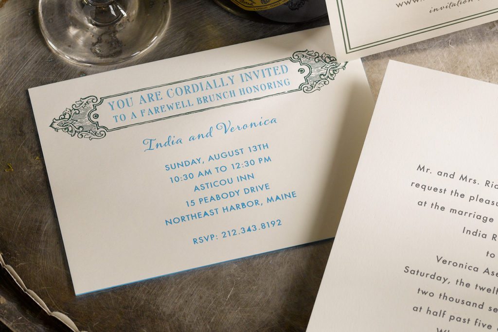 India and Veronica is an engraved wedding suite set in Northeast Harbor, Maine. Call us toll-free at 1-800-995-1549 or email us at hello@pickettspress.com