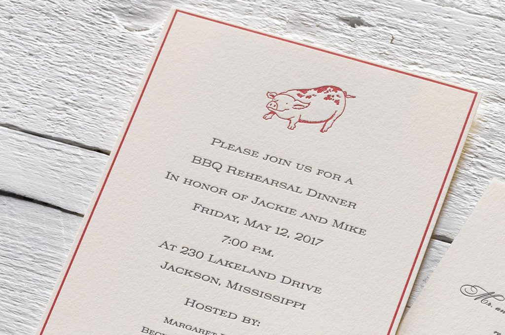 Jackie & Mike is a letterpress wedding suite set in Fairview, Mississippi. Call us toll-free at 1-800-995-1549 or email us at hello@pickettspress.com