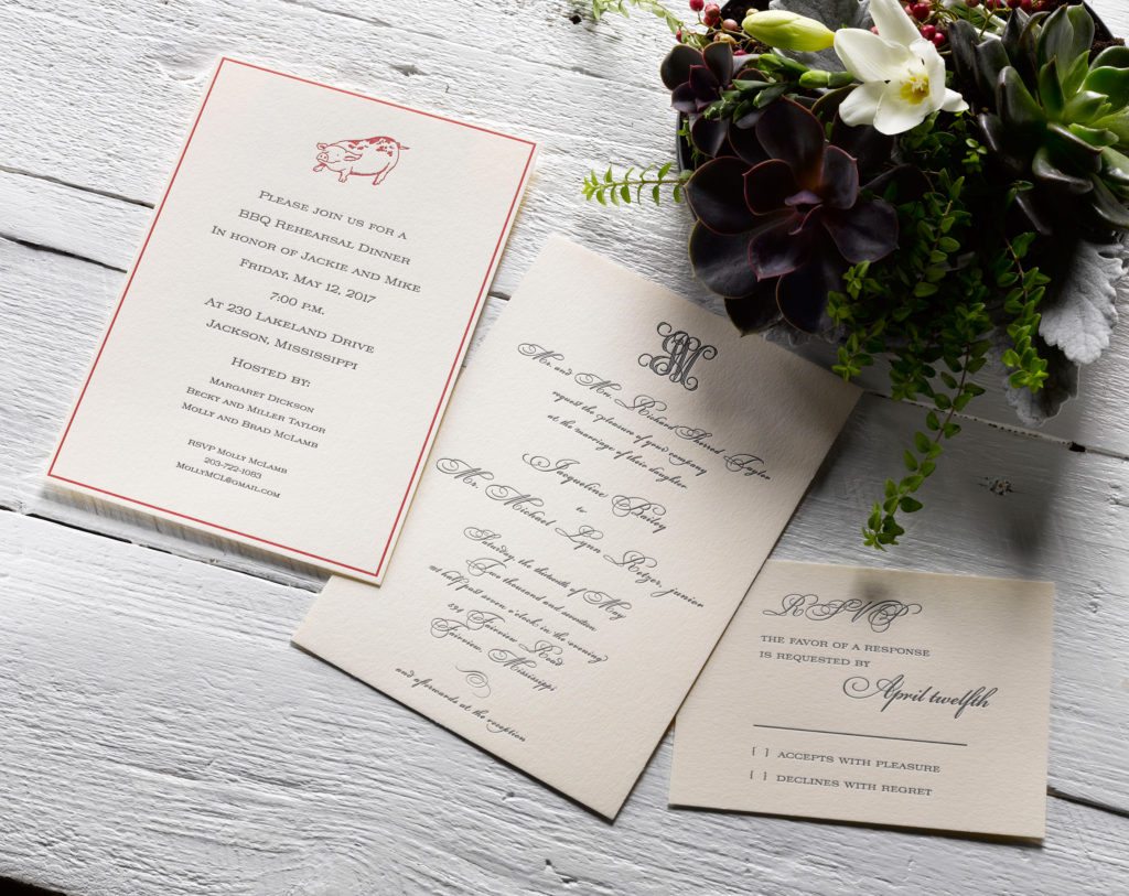 Jackie & Mike is a letterpress wedding suite set in Fairview, Mississippi. Call us toll-free at 1-800-995-1549 or email us at hello@pickettspress.com