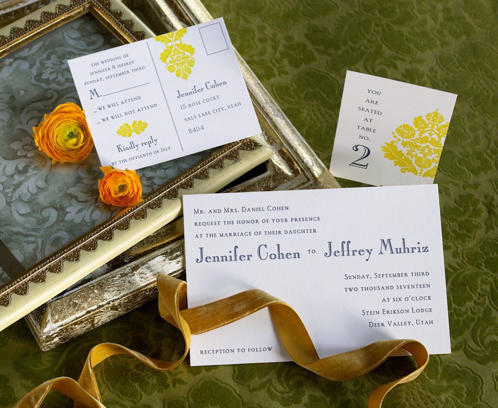 Jennifer & Jeffrey is a letterpress wedding suite set in Deer Valley, Utah. Call us toll-free at 1-800-995-1549 or email us at hello@pickettspress.com