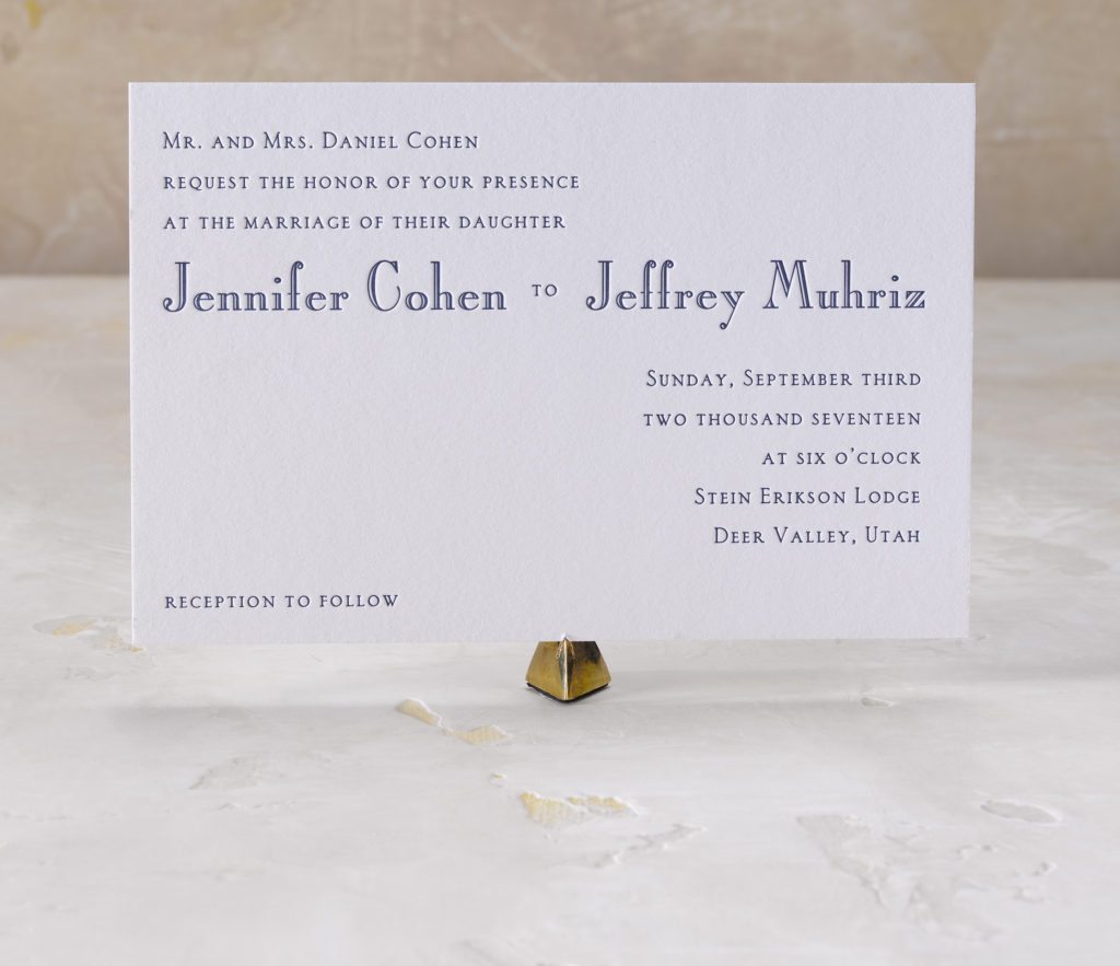 Jennifer & Jeffrey is a letterpress wedding suite set in Deer Valley, Utah. Call us toll-free at 1-800-995-1549 or email us at hello@pickettspress.com