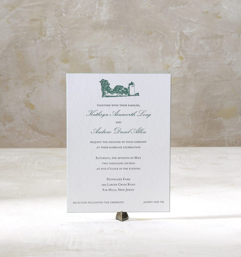 Katy & Andrew is a letterpress suite in noonmark green and dusty pink, set in New Jersey on their family farm, Dunwalke Farm. Call us toll-free at 1-800-995-1549 or email us at hello@pickettspress.com