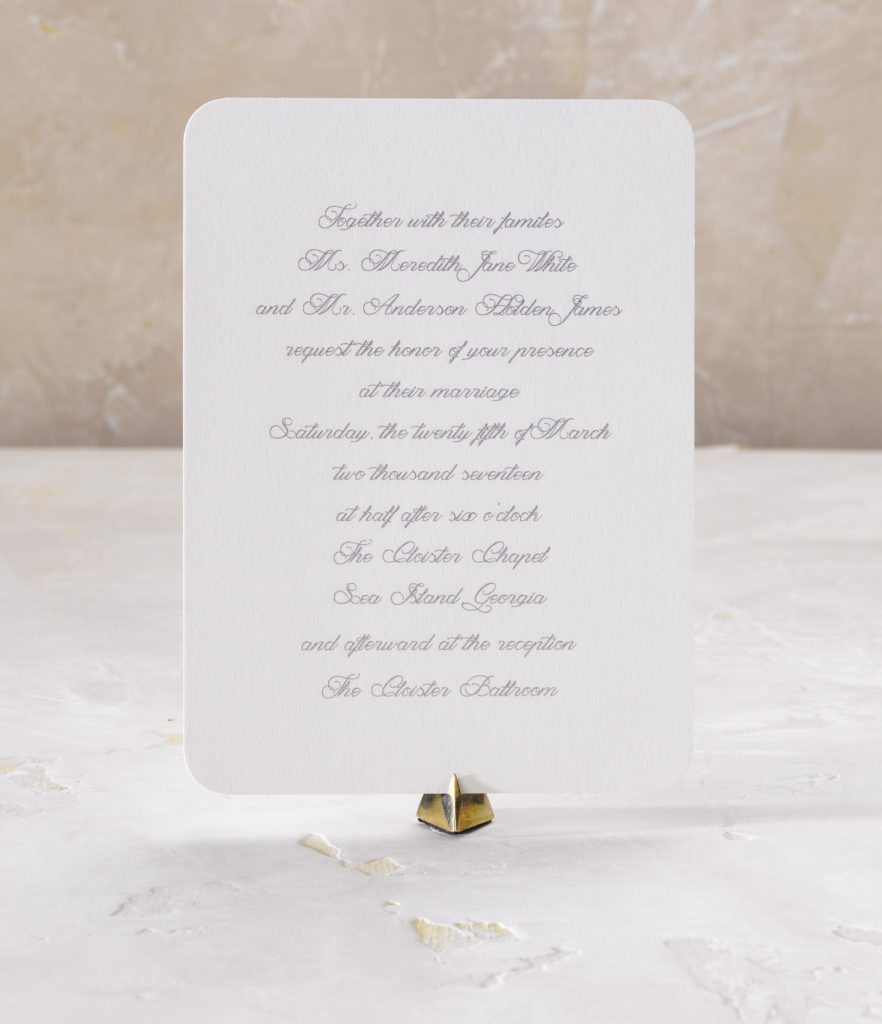 Meredith & Anderson is an engraved wedding suite set in Sea Island, GA. Call us toll-free at 1-800-995-1549 or email us at hello@pickettspress.com