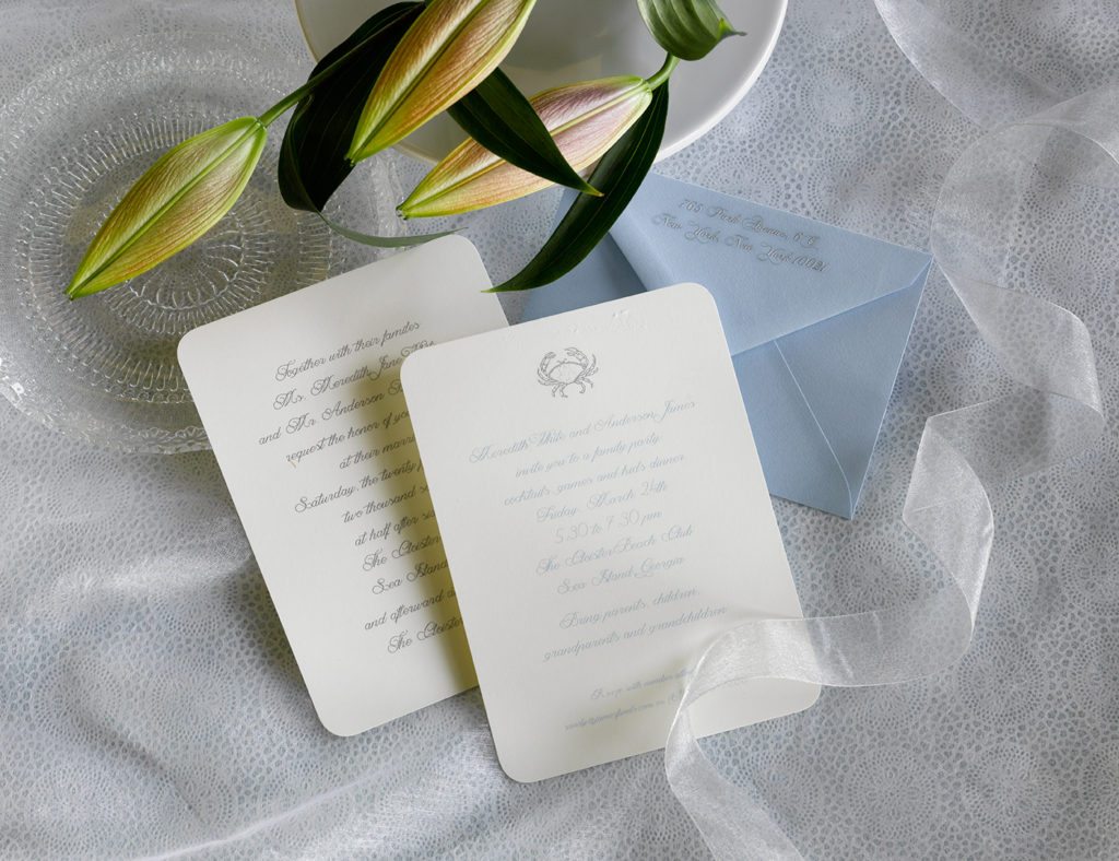 Meredith & Anderson is an engraved wedding suite set in Sea Island, GA. Call us toll-free at 1-800-995-1549 or email us at hello@pickettspress.com