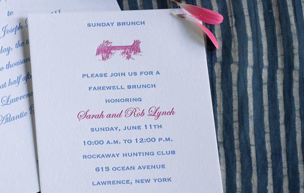 Sarah & Rob is a letterpress wedding suite set in Atlantic Beach, NY. Call us toll-free at 1-800-995-1549 or email us at hello@pickettspress.com