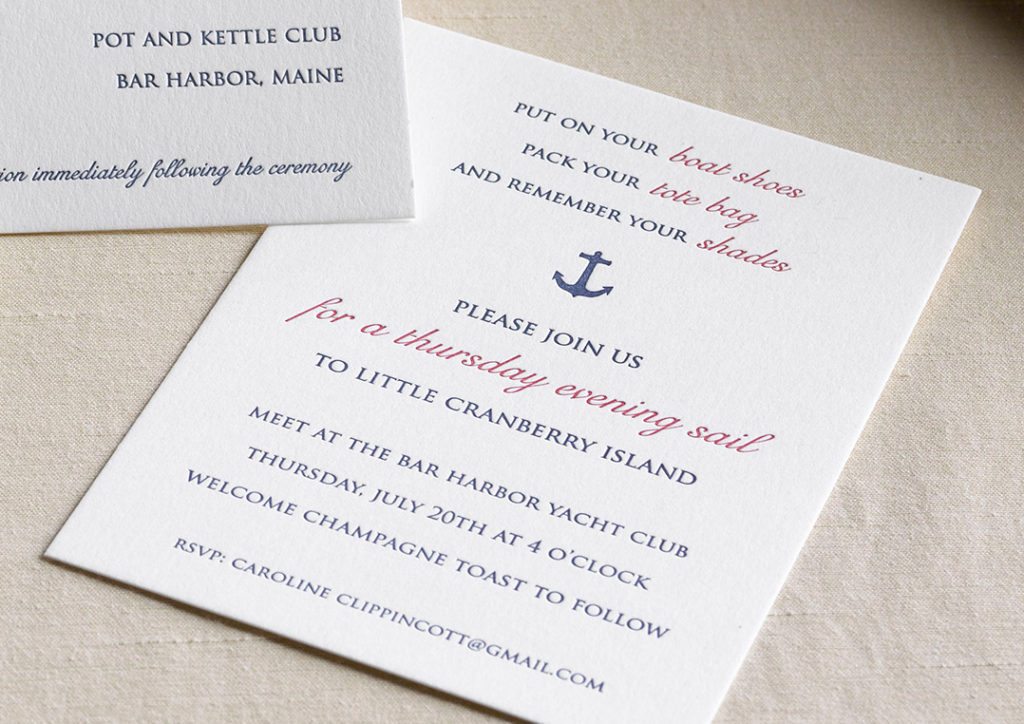 Sophie & Andrew is a letterpress wedding suite set in Bar Harbor, Maine. Call us toll-free at 1-800-995-1549 or email us at hello@pickettspress.com