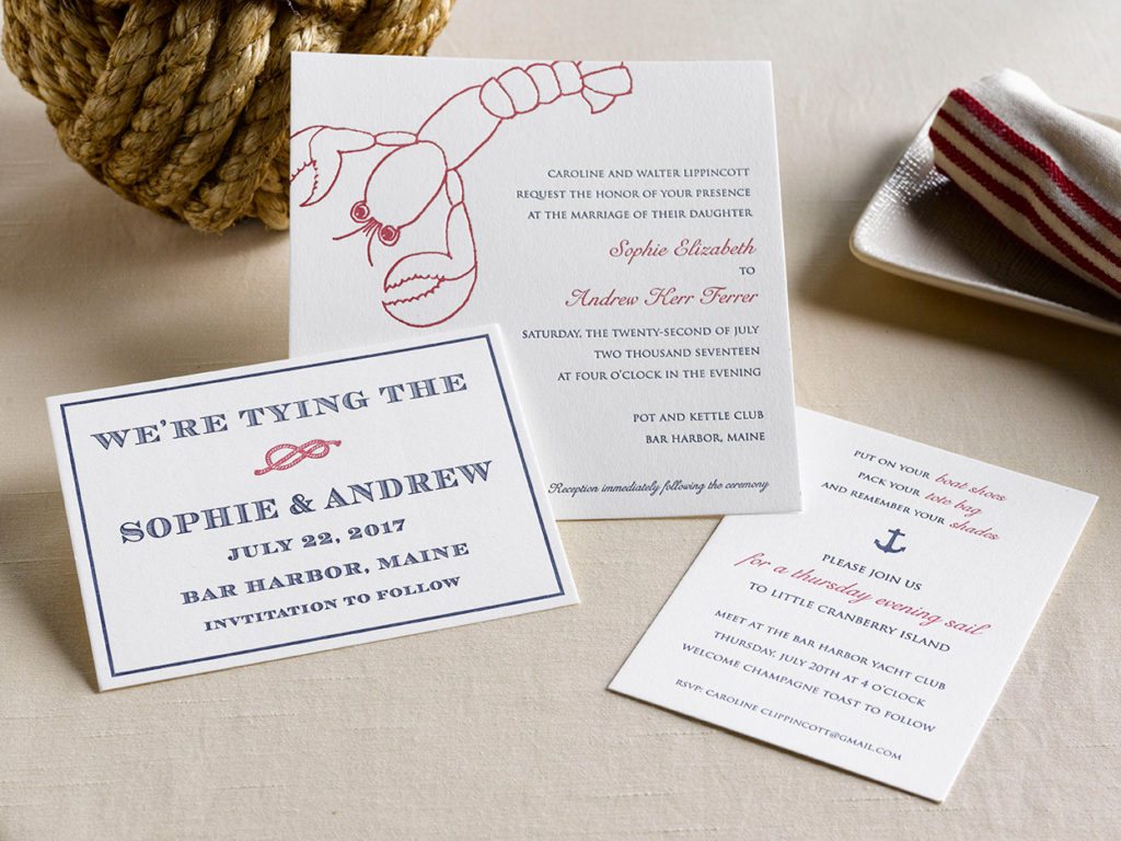 Sophie & Andrew is a letterpress wedding suite set in Bar Harbor, Maine. Call us toll-free at 1-800-995-1549 or email us at hello@pickettspress.com