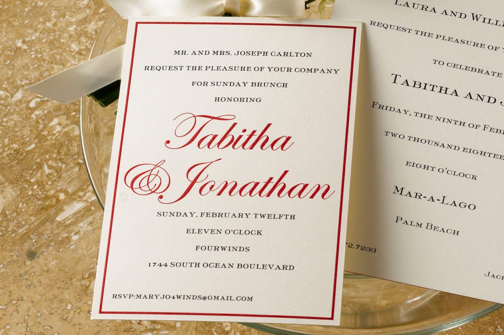 Tabitha & Jon an engraved wedding suite set in Palm Beach, FL. Call us toll-free at 1-800-995-1549 or email us at hello@pickettspress.com