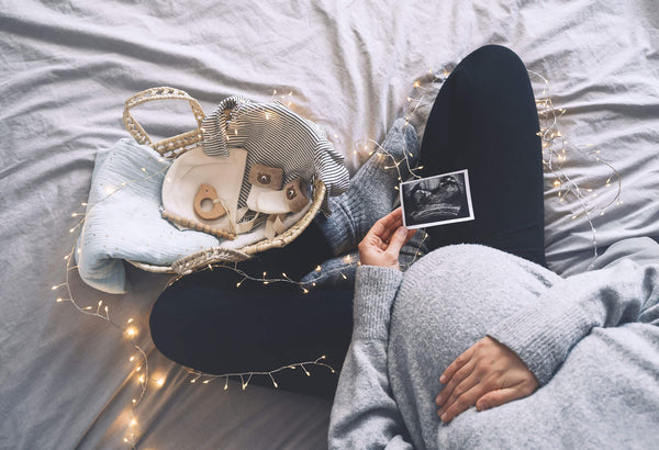 Image Pregnant Woman Holding Ultrasound Image Wicker Basket Newborn Stuff