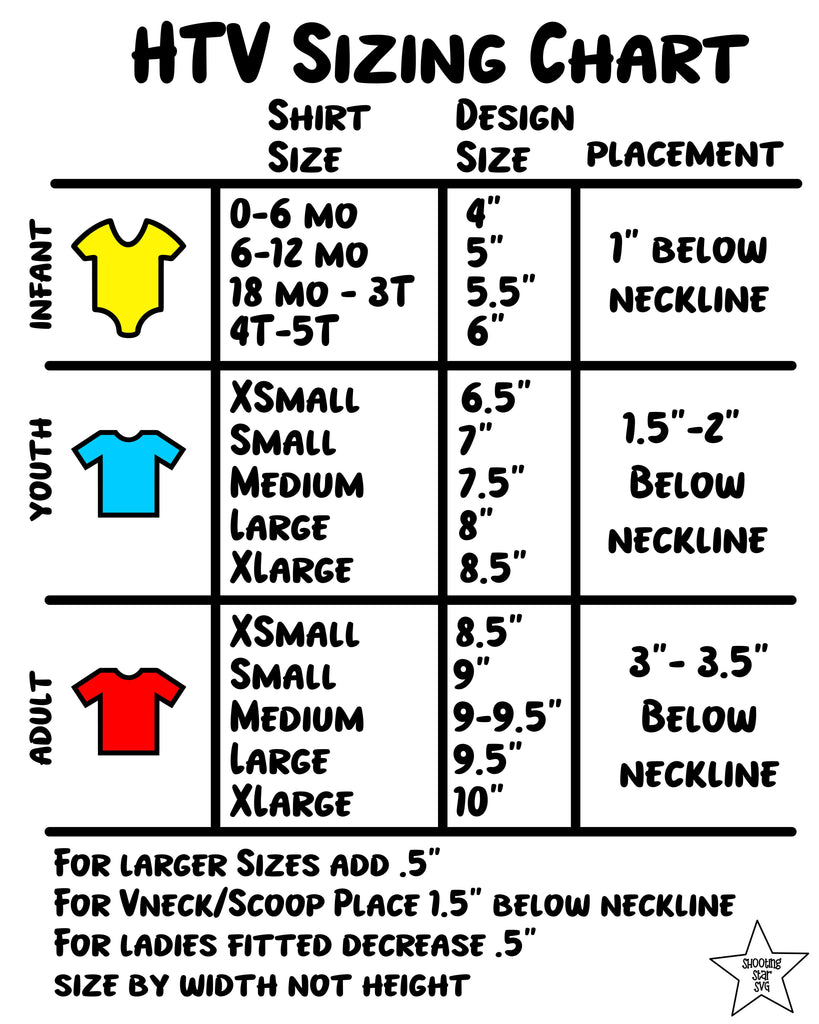 HTV Size and Design Placement Chart for TShirts ShootingStarSVG