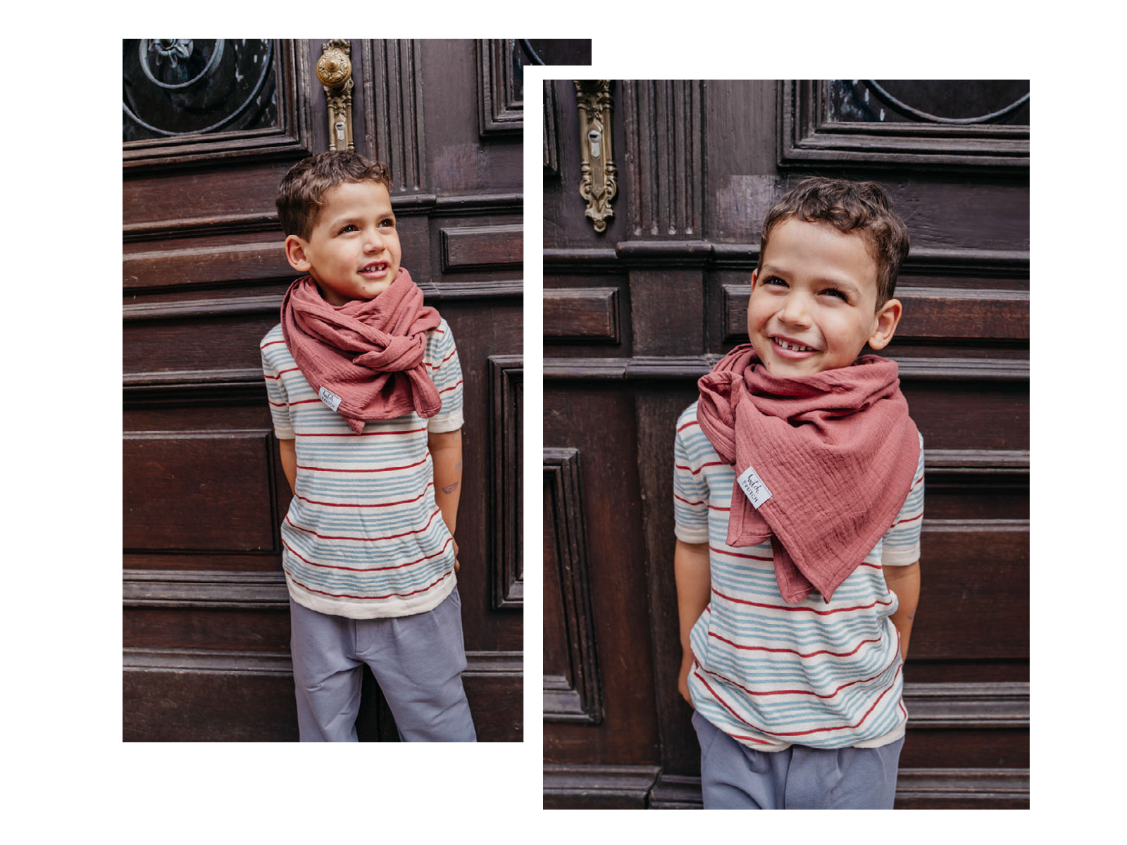 Boy with scarf, t-shirt and trousers