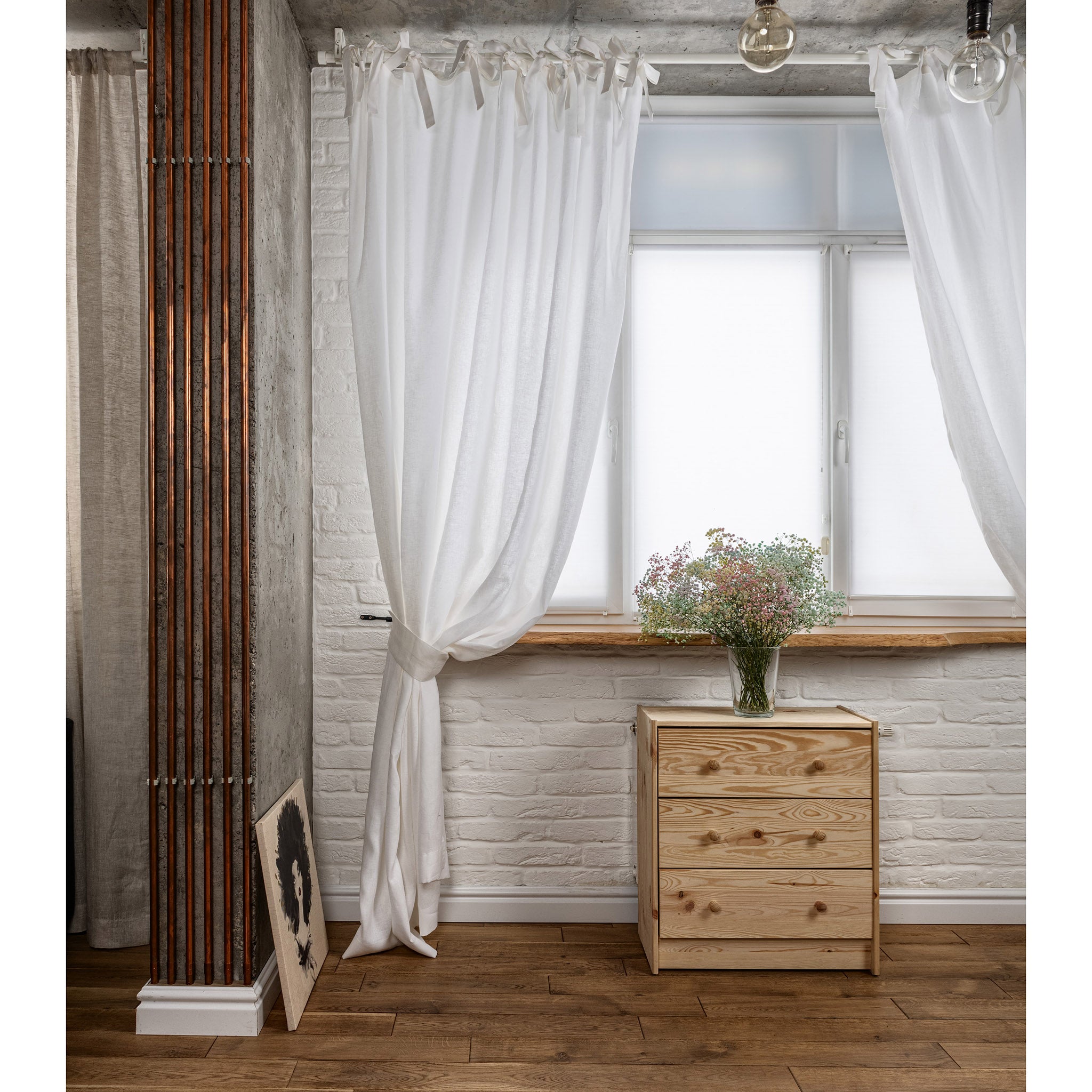 Linen Curtain with White Cotton Lining and Tie Top - Privacy Linen Drapery with Custom Width