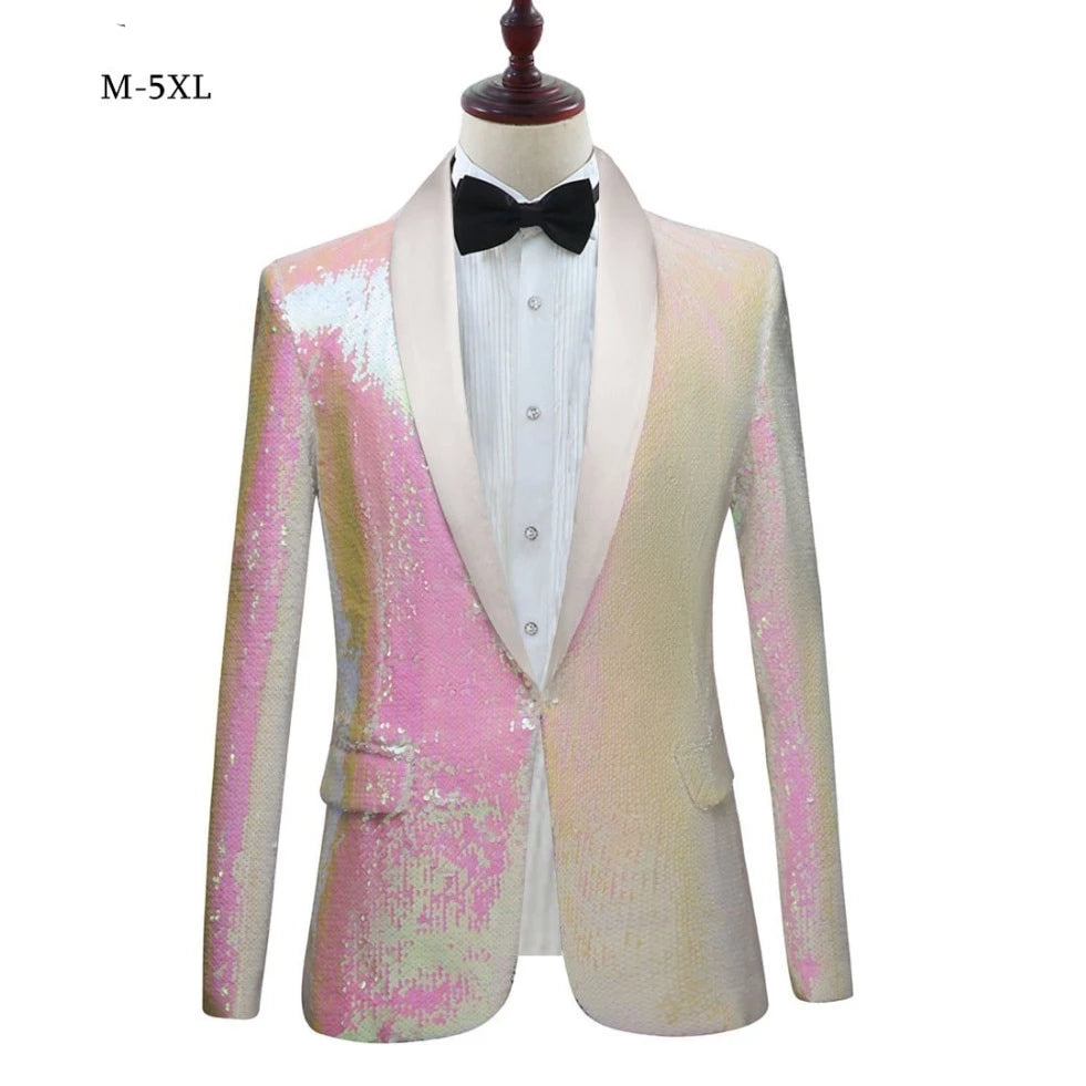New Men Pure White Pink Sequins Shawl Lapel Blazers Gentleman Prom Dre ...