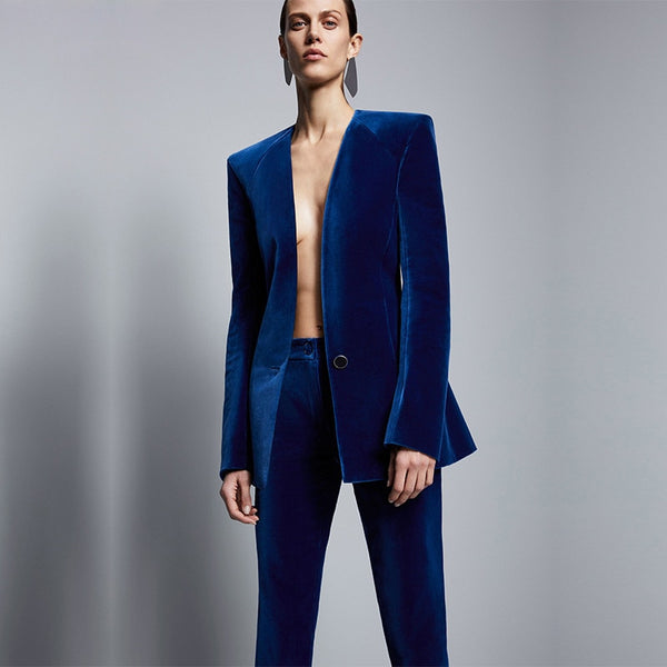 Fashion Royal Blue Velvet Women Formal Business Pant Suits Women Slim ...