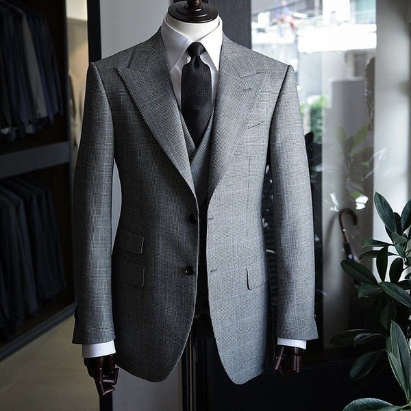 Men's Business Suits Slim Fit Plaid Wool Blazer Vest Pants Formal Offi ...