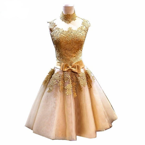100% Real Images Gold Cocktail Dress Party Lace Dresses High Neck A-li ...
