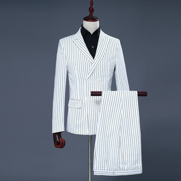 PYJTRL Brand Men's Two Piece Set White Stripe Dress Suits Wedding Suit ...