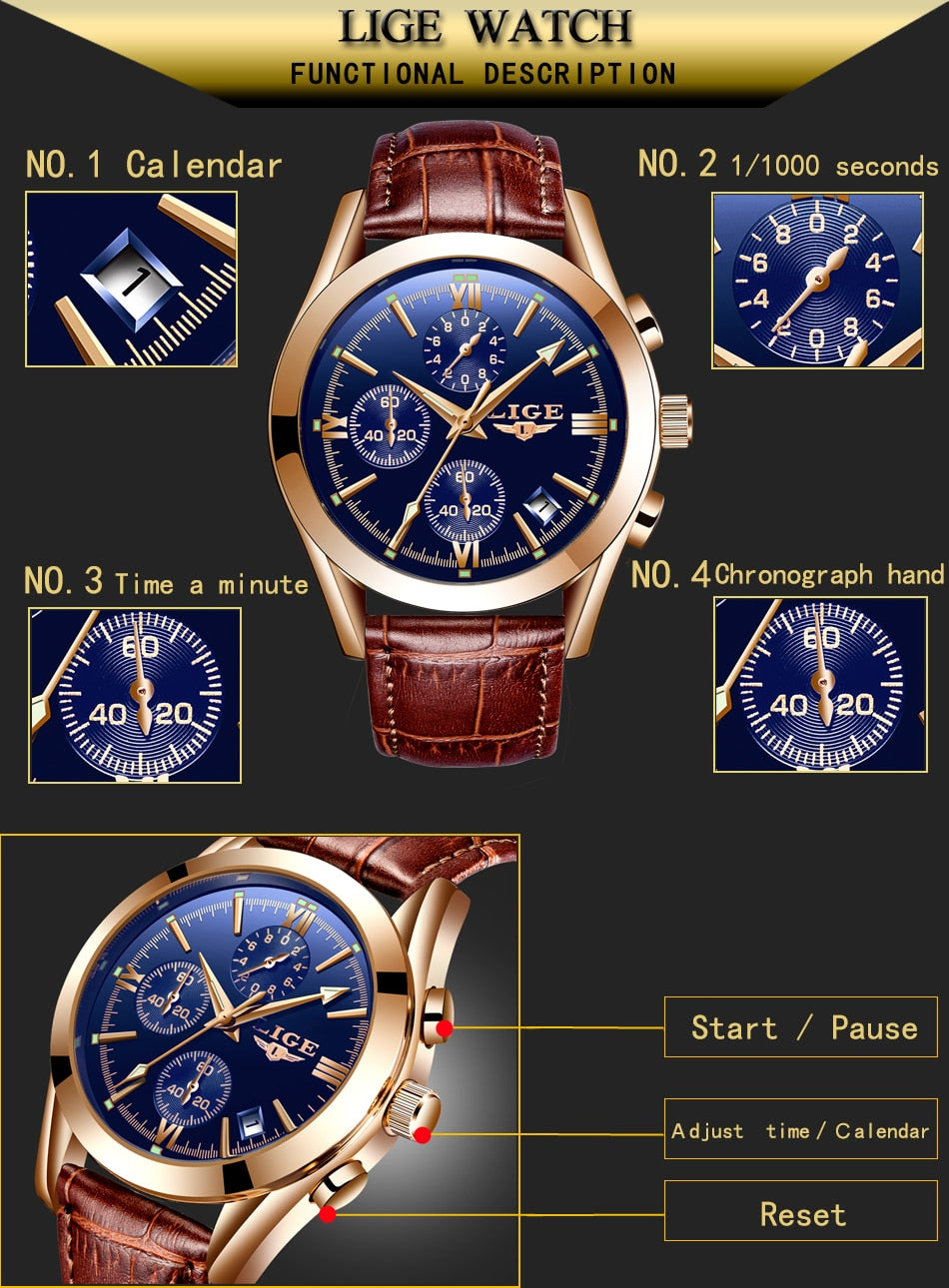 New Watch Men's Luxury Brand LIGE Men's Sport Chronograph Watch Waterp ...